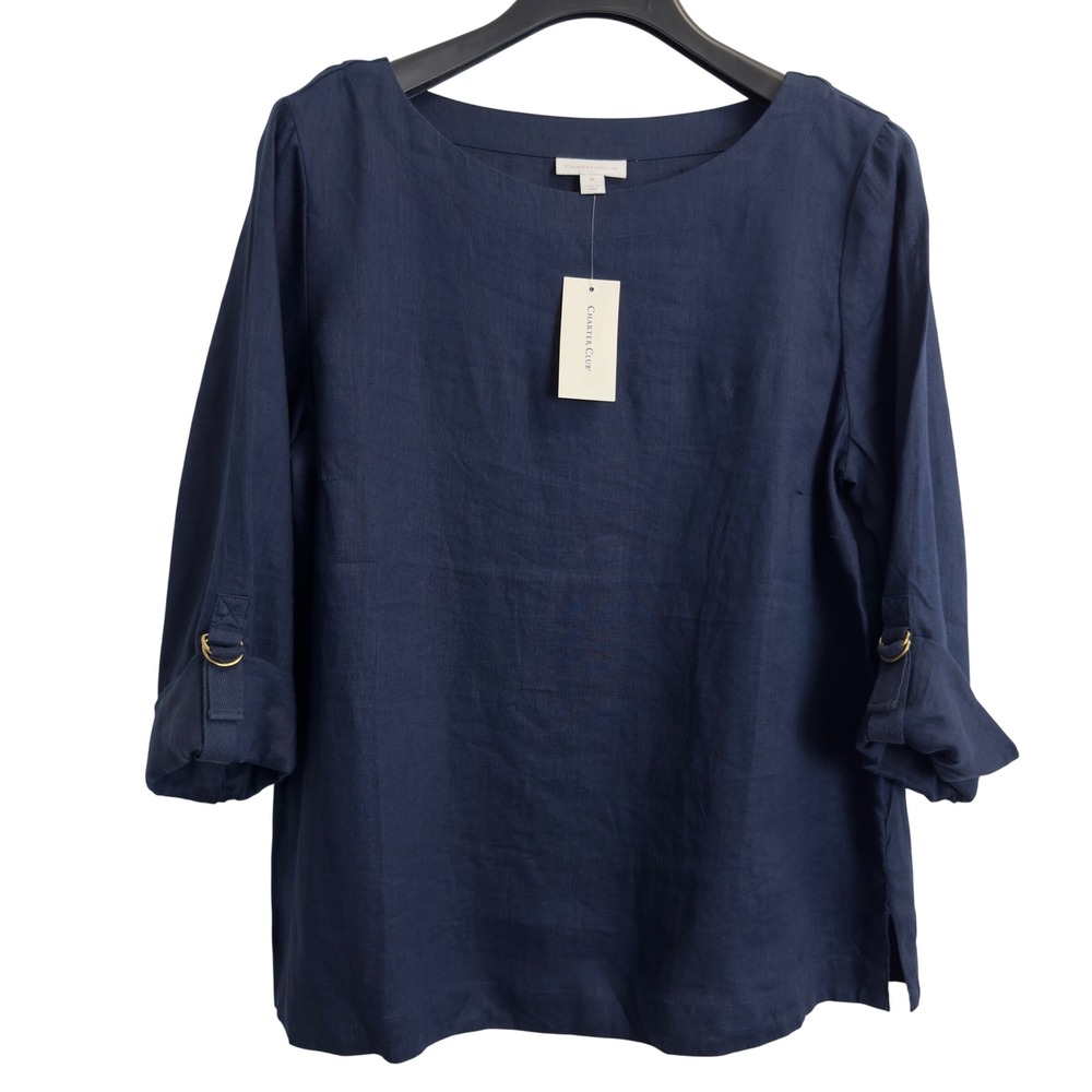 NEW Charter Club Womens M Navy Blue 100% Linen Roll-Tab Sleeve Boat Neck Blouse